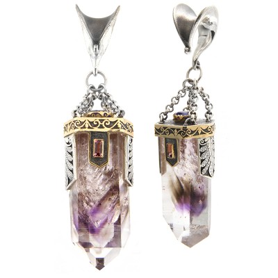 Amethyst, Quartz, Tourmaline and Tanzanite Silver Pendants with Gold Elements (price for pair) Nuovi prodotti