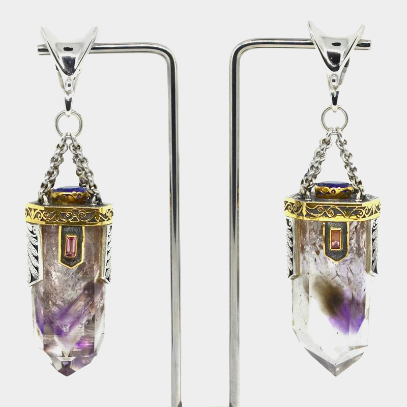 Amethyst, Quartz, Tourmaline and Tanzanite Silver Pendants with Gold Elements (price for pair) Nuovi prodotti