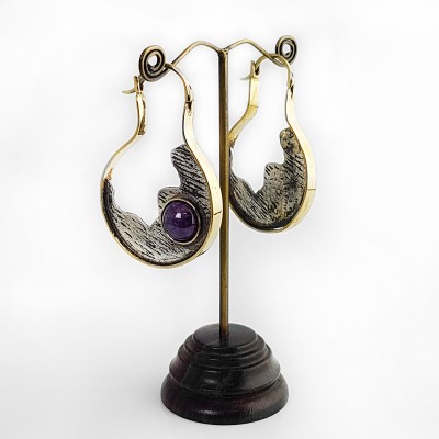 Silver & Brass Earrings with Amethyst Cabochon (price for pair) Gioielli da lobo