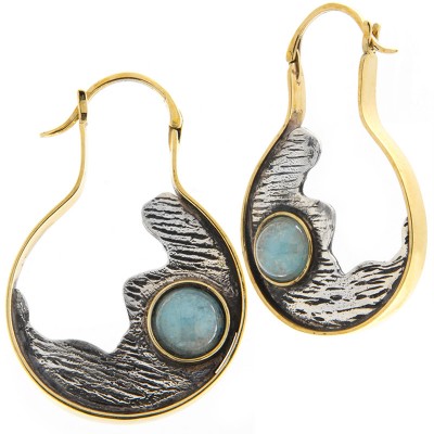 Silver & Brass Earrings with Aquamarine Cabochon (price for pair) Gioielli da lobo