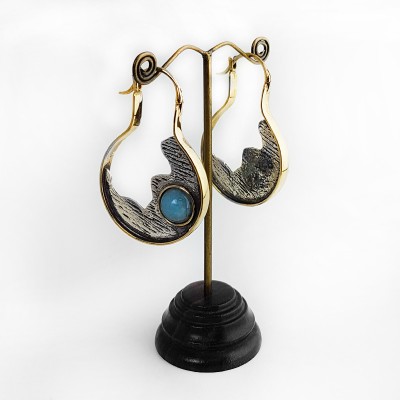 Silver & Brass Earrings with Aquamarine Cabochon (price for pair) Gioielli da lobo
