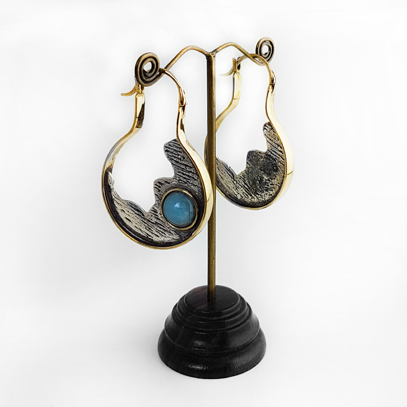 Silver & Brass Earrings with Aquamarine Cabochon (price for pair) Gioielli da lobo