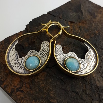 Silver & Brass Earrings with Aquamarine Cabochon (price for pair) Gioielli da lobo