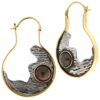 Silver & Brass Earrings with Brown Agate Cabochon (price for pair) Gioielli da lobo
