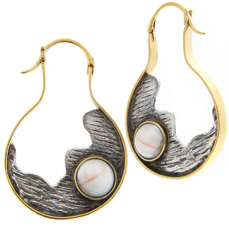 Silver & Brass Earrings with Botswana Agate Cabochon (price for pair) Gioielli da lobo