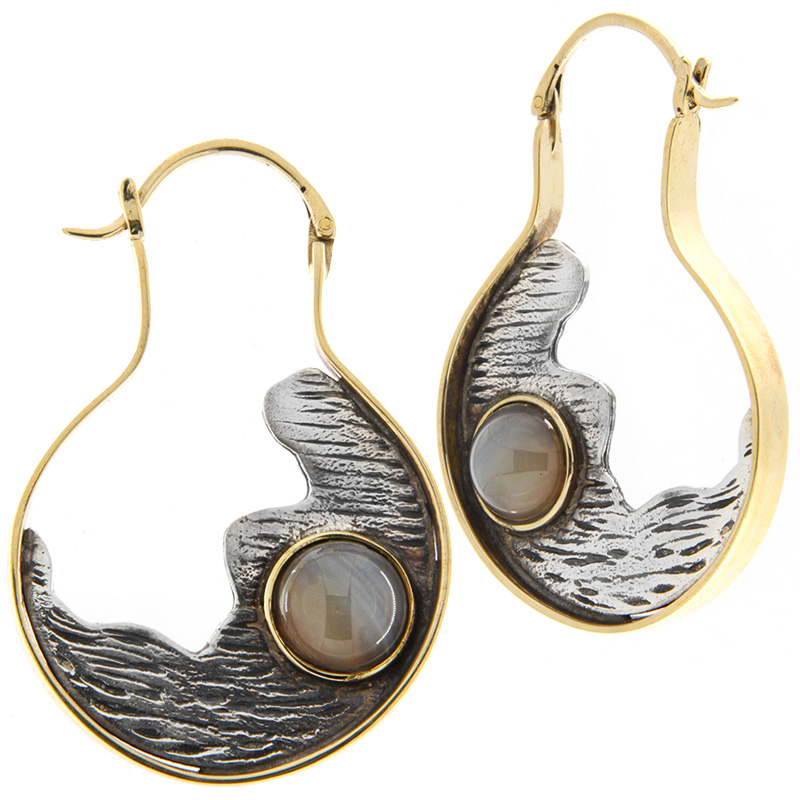 Silver & Brass Earrings with Botswana Agate Cabochon (price for pair) Gioielli da lobo