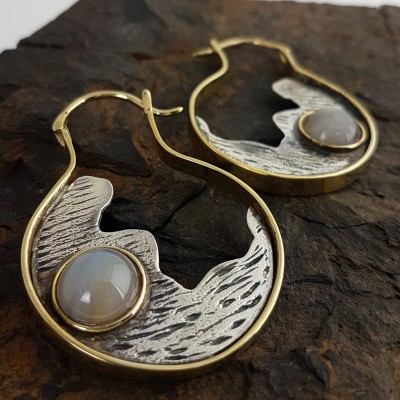 Silver & Brass Earrings with Botswana Agate Cabochon (price for pair) Gioielli da lobo