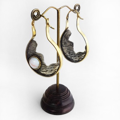 Silver & Brass Earrings with Botswana Agate Cabochon (price for pair) Gioielli da lobo