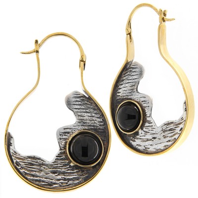 Silver & Brass Earrings with Onyx Cabochon (price for pair) Gioielli da lobo