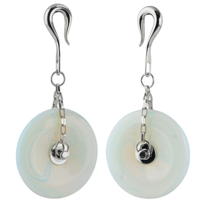 Natural Stone 40mm Donuts Dangling in Steel Hook - Opalite (Price for Pair) Orecchio