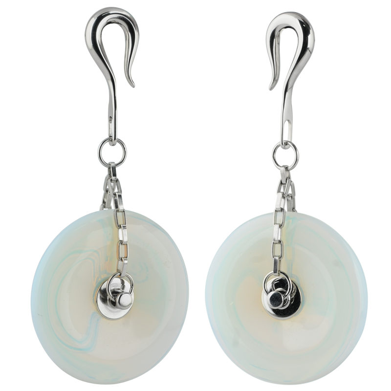 Natural Stone 40mm Donuts Dangling in Steel Hook - Opalite (Price for Pair) Orecchio