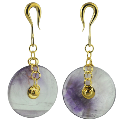 Natural Stone 40mm Donuts Dangling in Brass Hook - Amethyst (Price for Pair) Orecchio