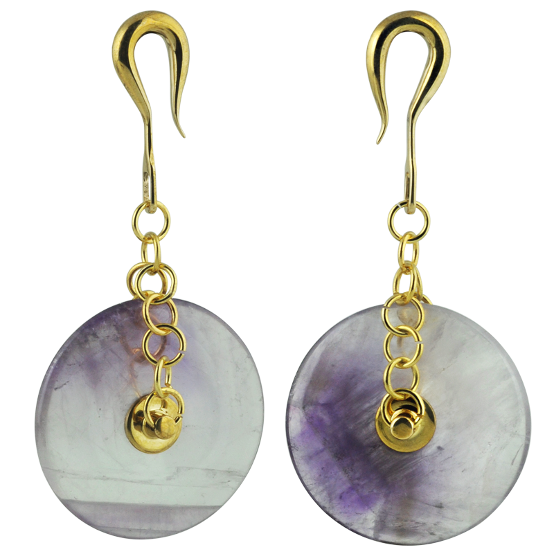 Natural Stone 40mm Donuts Dangling in Brass Hook - Amethyst (Price for Pair) Orecchio