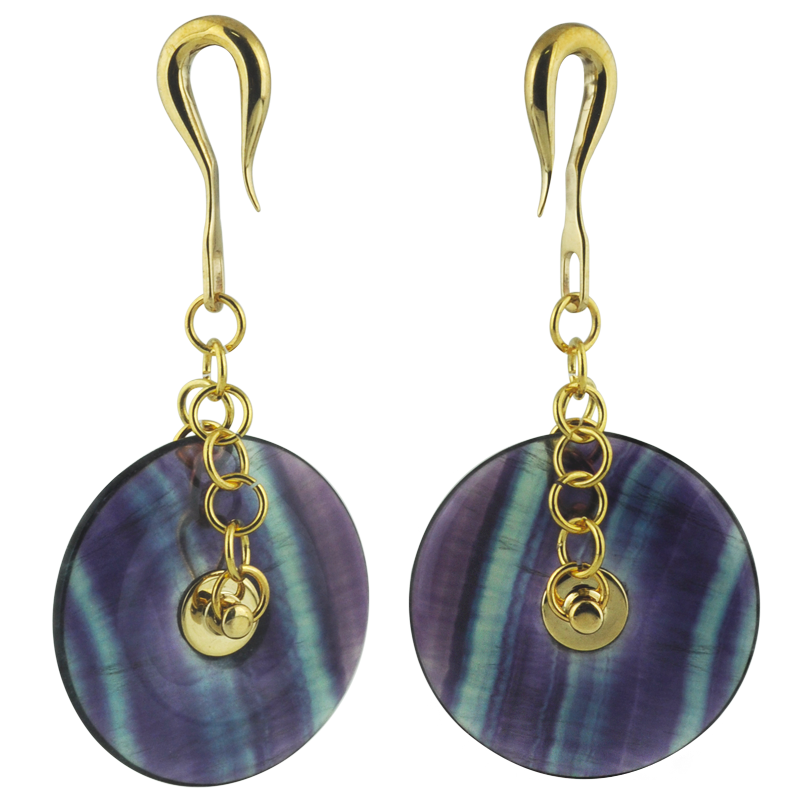 Natural Stone 40mm Donuts Dangling in Brass Hook - Fluorite (Price for Pair) Orecchio