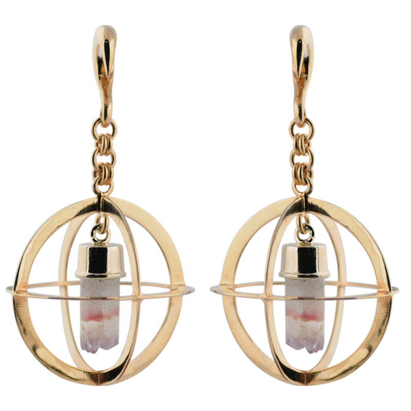 Rose Brass Oval Weights with Dangling Amethyst Geode Orecchio