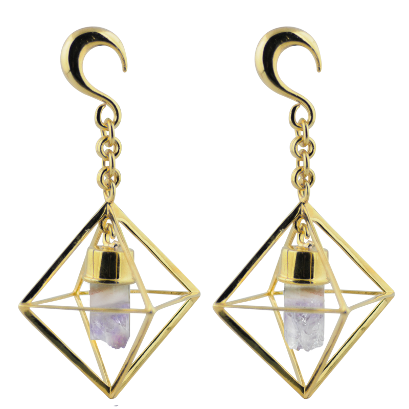 Yellow Brass Triangular Weights with Dangling Amethyst Geode Orecchio