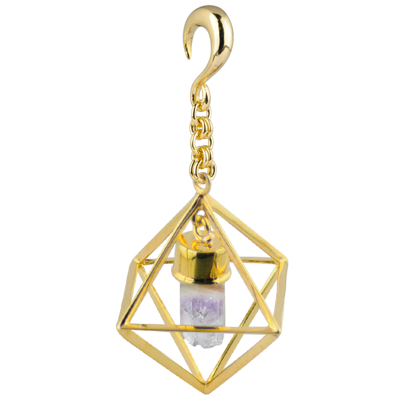 Yellow Brass Triangular Weights with Dangling Amethyst Geode Orecchio