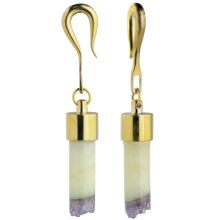 Yellow Brass Weights with Dangling Amethyst Geode (Price for Pair)
