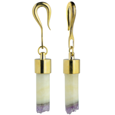 Yellow Brass Weights with Dangling Amethyst Geode (Price for Pair) Orecchio