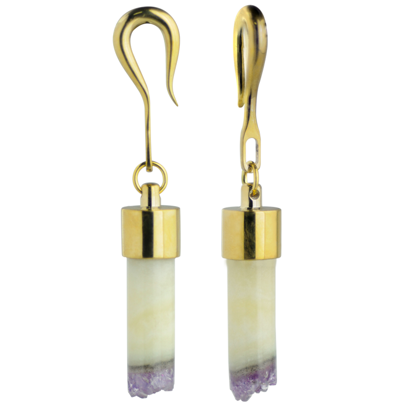 Yellow Brass Weights with Dangling Amethyst Geode (Price for Pair) Orecchio