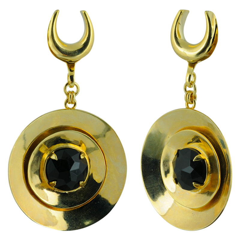 Escape Circle Brass Pendant Earrings with Synthetic Black Stone (price for pair) Orecchio