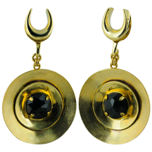 Escape Circle Brass Hammered Pendant Earrings with Synthetic Black Stone (price for pair)