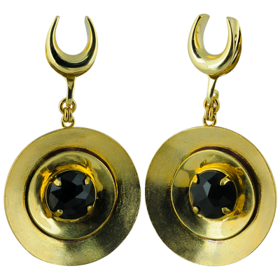 Escape Circle Brass Hammered Pendant Earrings with Synthetic Black Stone (price for pair) Orecchio
