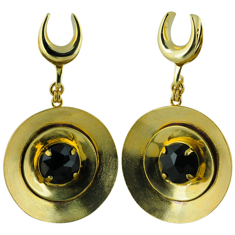 Escape Circle Brass Hammered Pendant Earrings with Synthetic Black Stone (price for pair) Orecchio