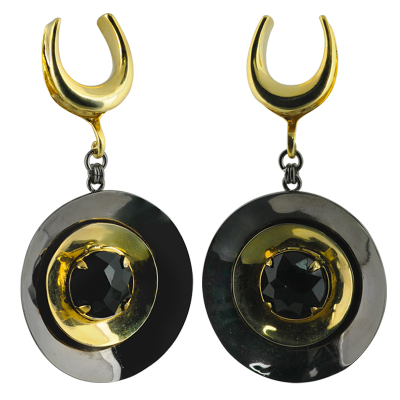 Escape Circle Yellow & Black Brass Pendant Earrings with Synthetic Black Stone (price for pair) Orecchio