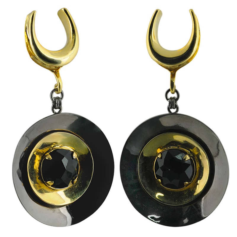 Escape Circle Yellow & Black Brass Pendant Earrings with Synthetic Black Stone (price for pair) Orecchio