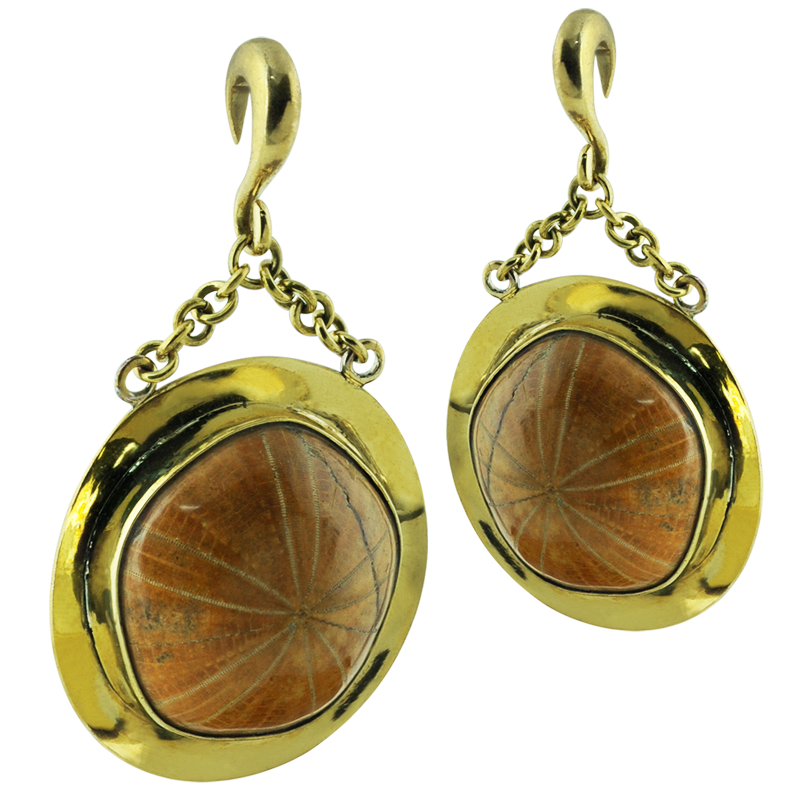 Fossil Sea Urchin in Brass Pendant Earrings (price for pair) Orecchio