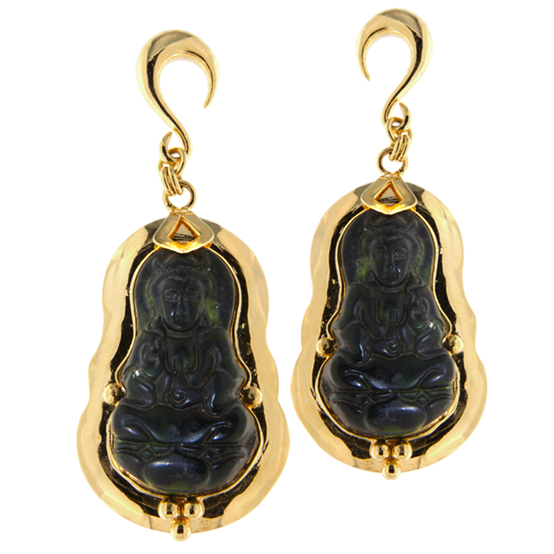 Brass Pendant Earrings with Black Jade Ornament (price for pair) Orecchio