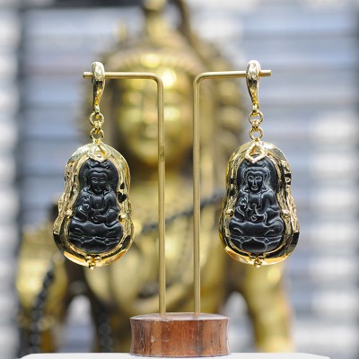 Brass Pendant Earrings with Black Jade Ornament (price for pair) Orecchio