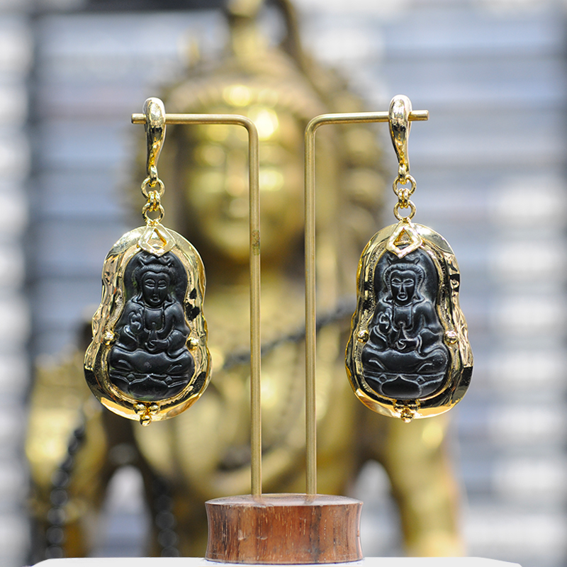 Brass Pendant Earrings with Black Jade Ornament (price for pair) Orecchio