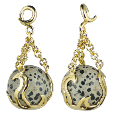 Stone Globe Flame Brass Weight Pendant Dalmatian Jasper (price for pair) Orecchio