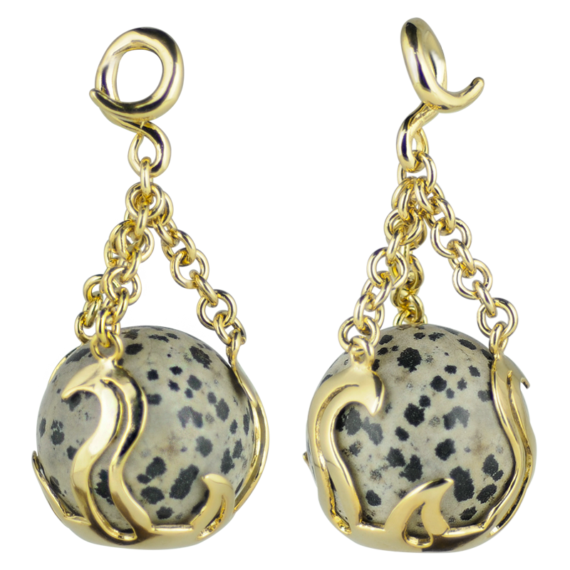 Stone Globe Flame Brass Weight Pendant Dalmatian Jasper (price for pair) Orecchio