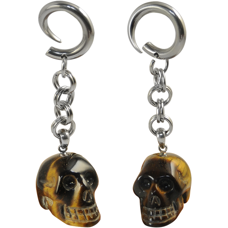 Natural Stone Tiger Eye Skull Dangling (Price for Pair) Orecchio