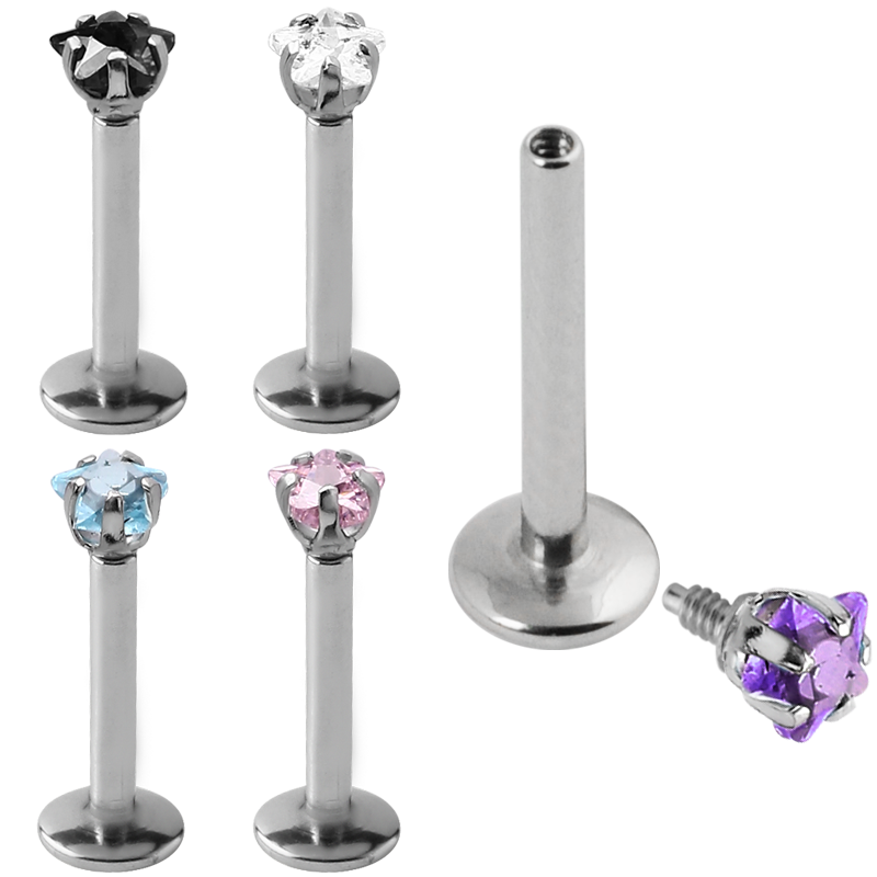 Surgical Steel Internally Threaded Labret with 3.0mm Star Prong Set Jeweled Labret