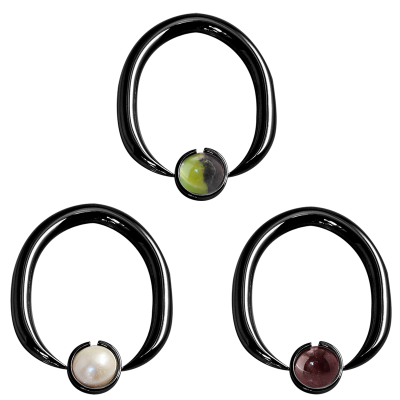Black Steel Ball Closure Oval Ring with Natural Stone Orecchio