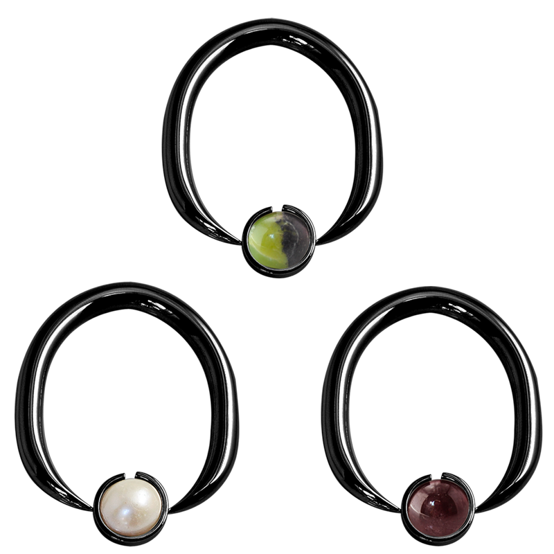 Black Steel Ball Closure Oval Ring with Natural Stone Orecchio