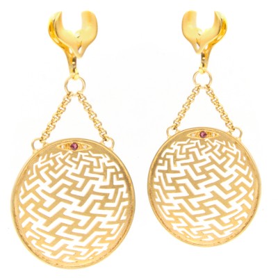 Silver Gold Plated Sayagata Small Hoops with Ruby and Diamonds (price for pair) Orecchio