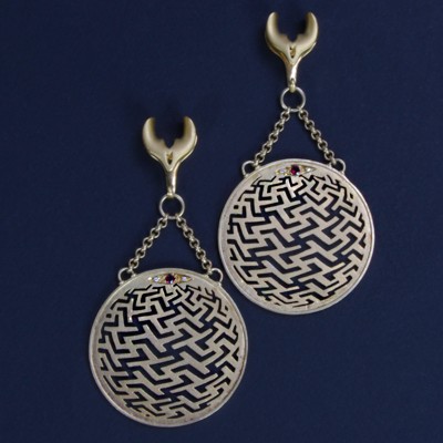 Silver Gold Plated Sayagata Small Hoops with Ruby and Diamonds (price for pair) Orecchio