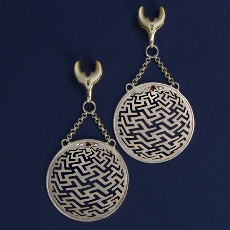 Silver Gold Plated Sayagata Small Hoops with Ruby and Diamonds (price for pair) Orecchio