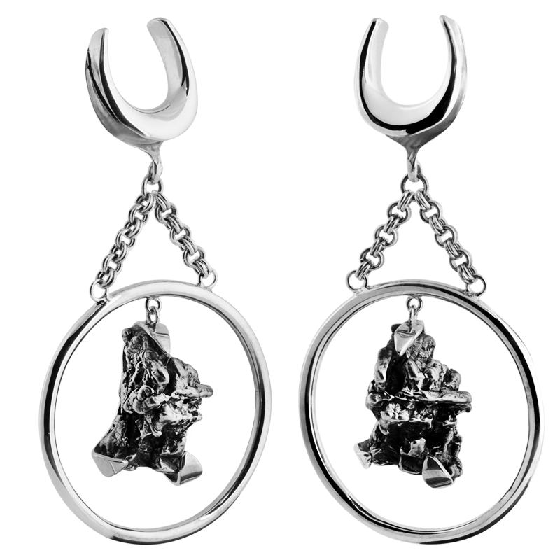 Handmade Meteorite Campo del Cielo Dangling in Silver Ring (price for pair) Orecchio