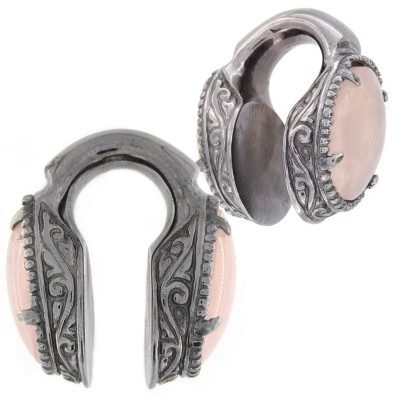 Black Brass Weigths with Rose Quartz Cabochon (price for pair) Ear