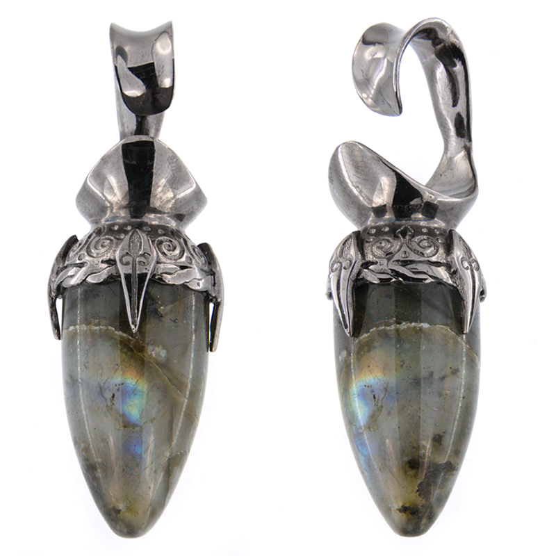 Black Brass Ear Weights with Labradorite Drop Stone (price for pair) Orecchio