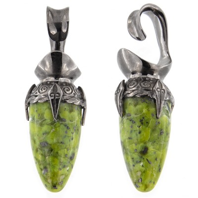 Black Brass Ear Weights with Lizardite (Norwegian Jade) Drop Stone (price for pair) Orecchio