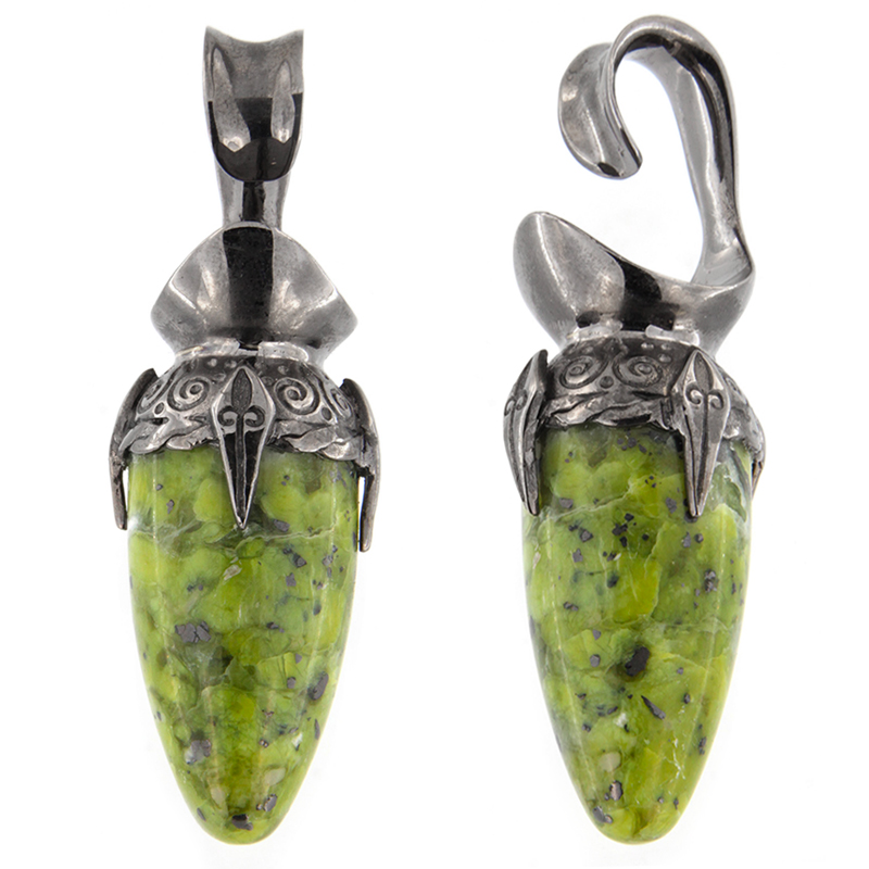 Black Brass Ear Weights with Lizardite (Norwegian Jade) Drop Stone (price for pair) Orecchio