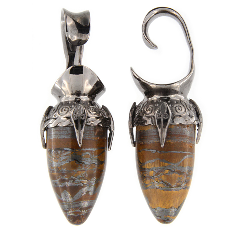 Black Brass Ear Weights with Tiger Eyes Drop Stone (price for pair) Orecchio