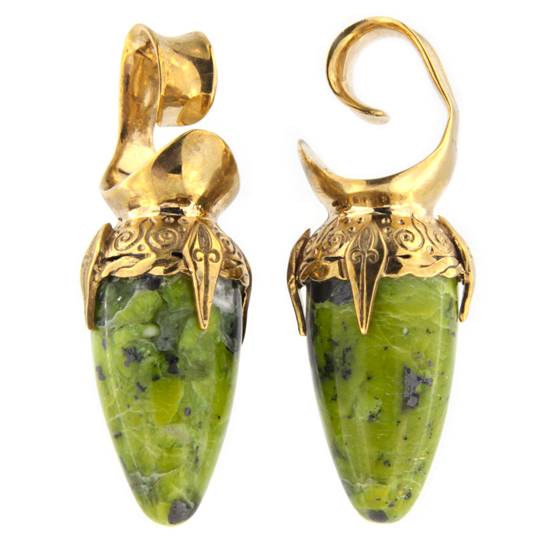 Brass Ear Weights with Lizardite (Norwegian Jade) Drop Stone (price for pair) Orecchio